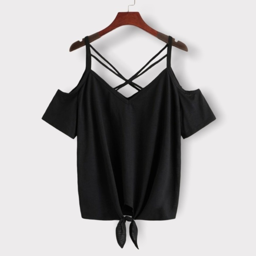 SHEIN Cold Shoulder Strappy Neck Tie Hem Top